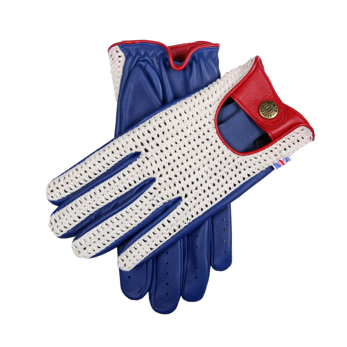 Dents Men’s Heritage Union Jack Crochet-Back Leather Driving Gloves in Red/White/Blue