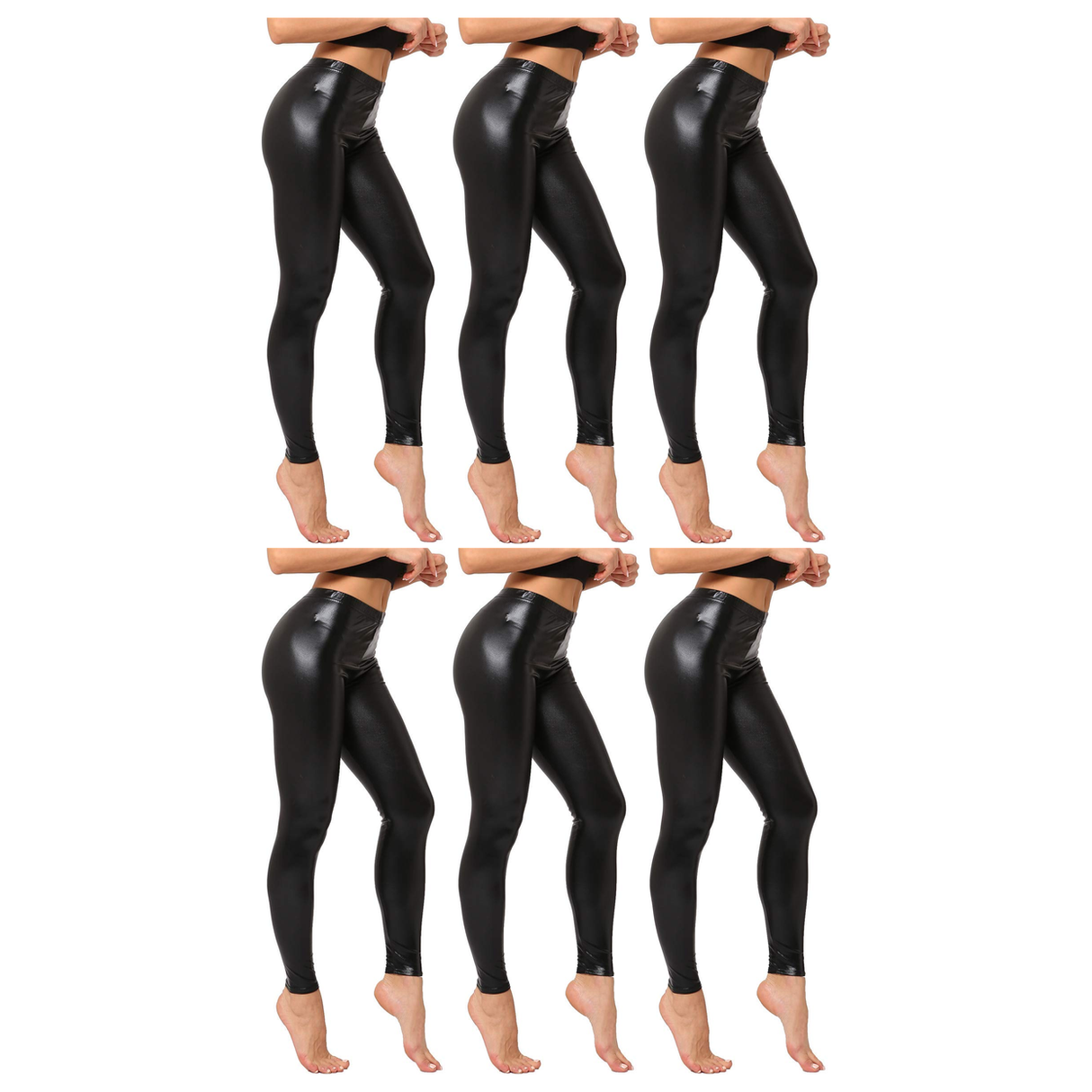 6x Adult Black Metallic Leggings Bulk Pack - Shiny Neon Pants for Dance Costume/80s Retro Party
