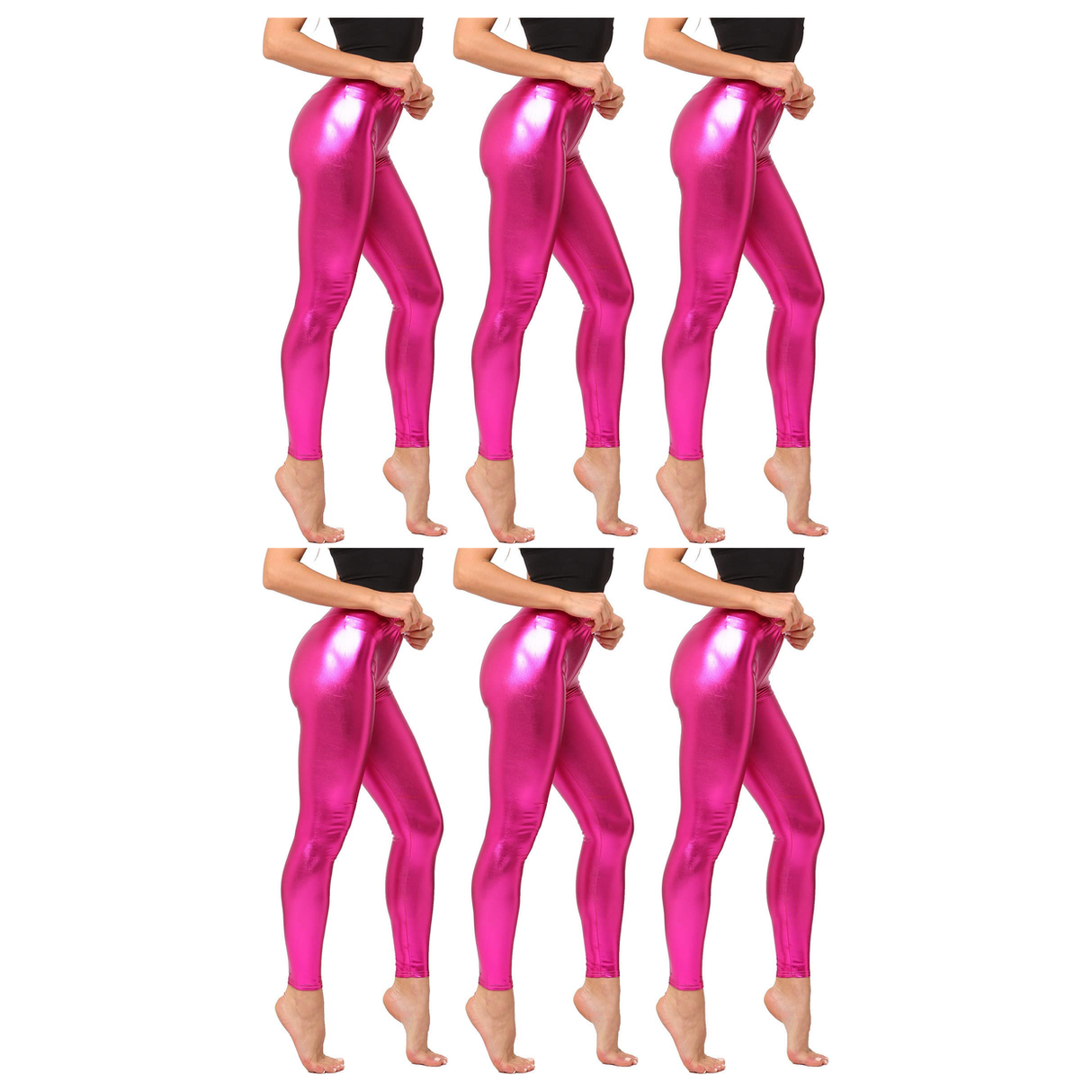 6x Adult Hot Pink Metallic Leggings Bulk Pack - Shiny Neon Pants for Dance Costume/80s Retro Party