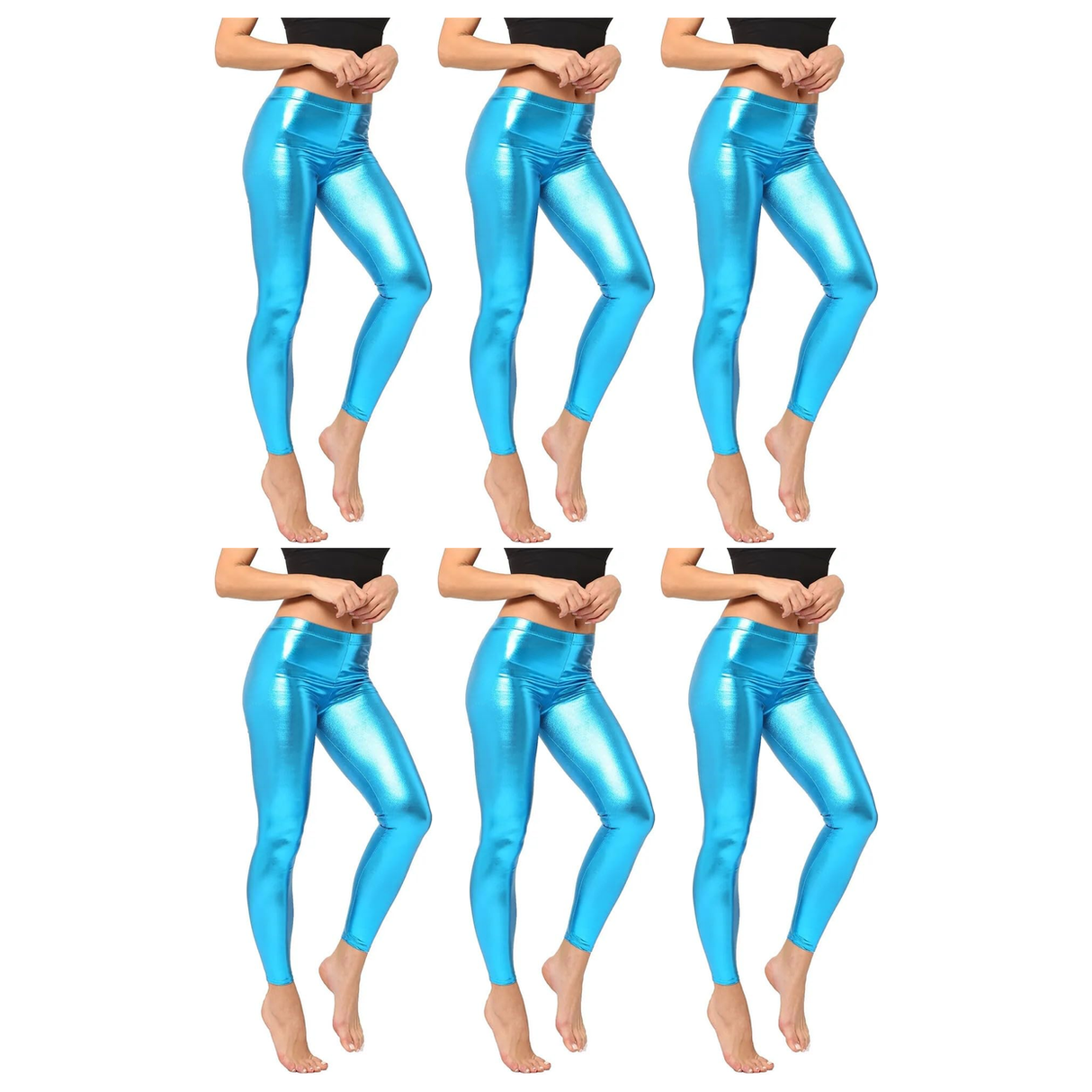 6x Adult Light Blue Metallic Leggings Bulk Pack - Shiny Neon Pants for Dance Costume/80s Retro Party