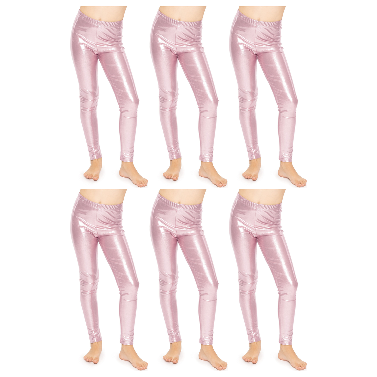 6x Kids Pink Metallic Leggings Bulk Pack - Shiny Neon Pants for Childrens Dance Costume/80s Retro Party