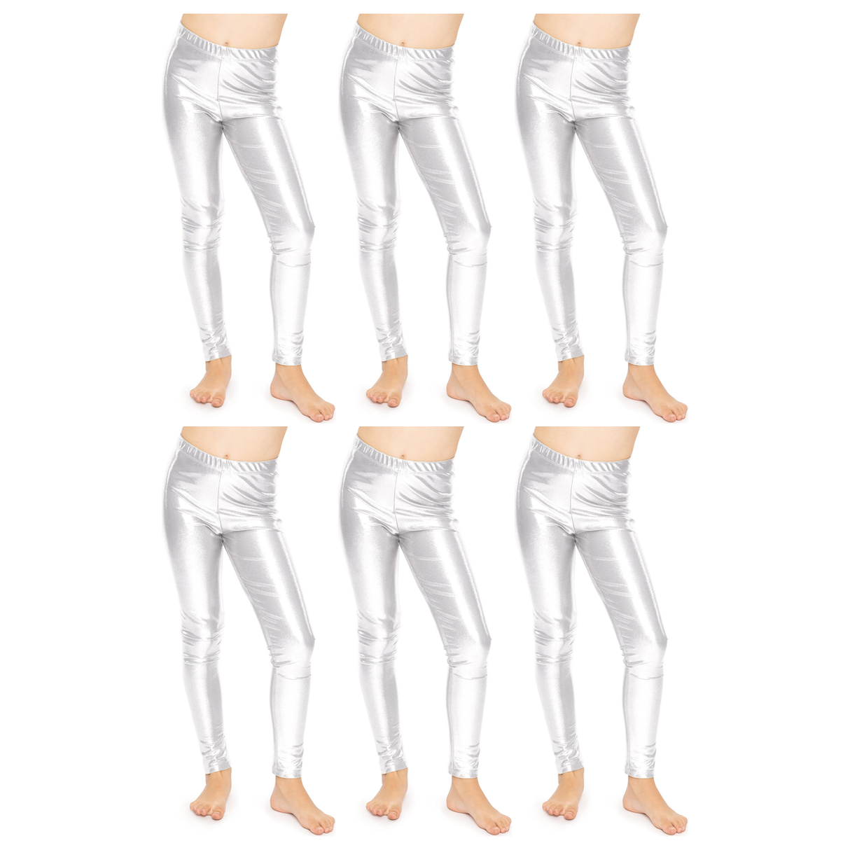 6x Kids Silver Metallic Leggings Bulk Pack - Shiny Neon Pants for Childrens Dance Costume/80s Retro Party