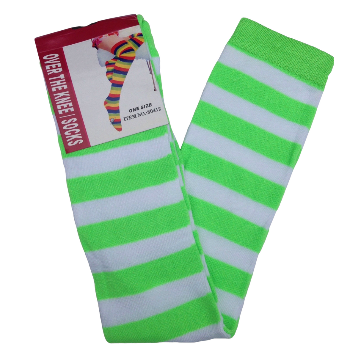 Womens Green/White Striped Over the Knee Socks - Thigh High Stockings