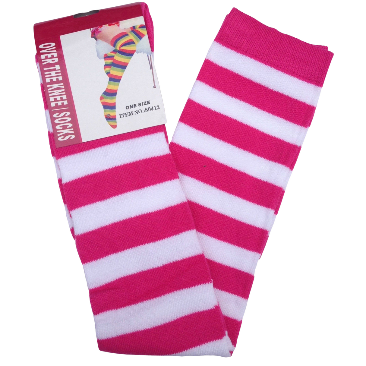 Womens Pink/White Striped Over the Knee Socks - Thigh High Stockings