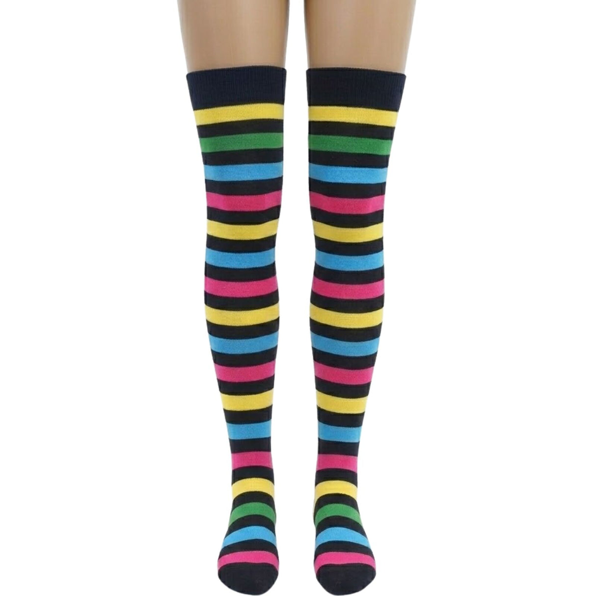 Womens Rainbow/Black Striped Over the Knee Socks - Thigh High Stockings