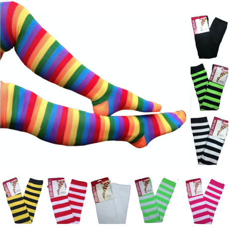 OVER THE KNEE SOCKS Plain Striped High Thigh Ladies Long Womens Stripey Stocking - Green/Black