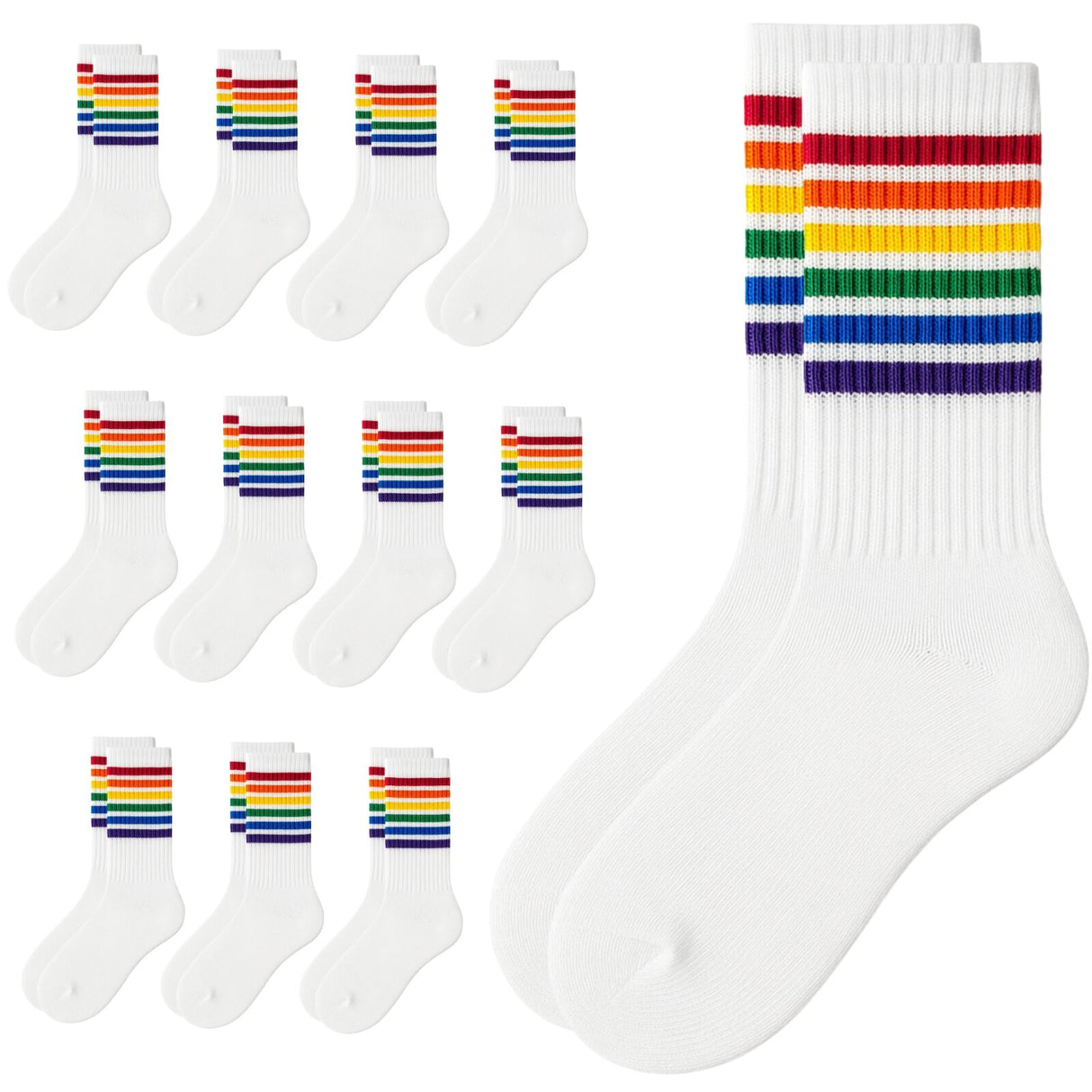 12 Pairs White Unisex Socks with Rainbow Stripes for Halloween Costume Party