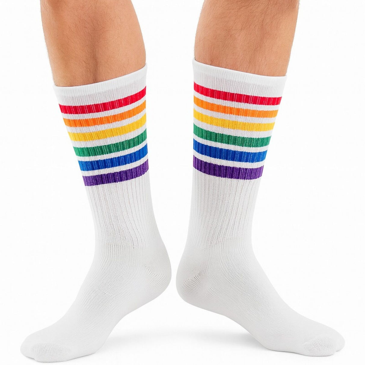 12 Pairs White Unisex Socks with Rainbow Stripes for Halloween Costume Party
