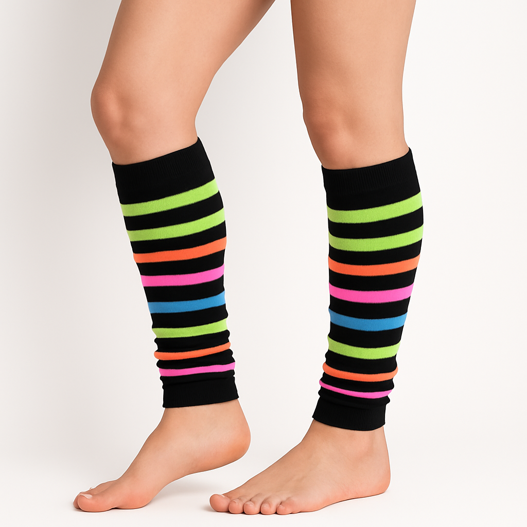 1 Pair Rainbow/Black Stripe Leg Warmers - Womens Dance Costume/80s Party
