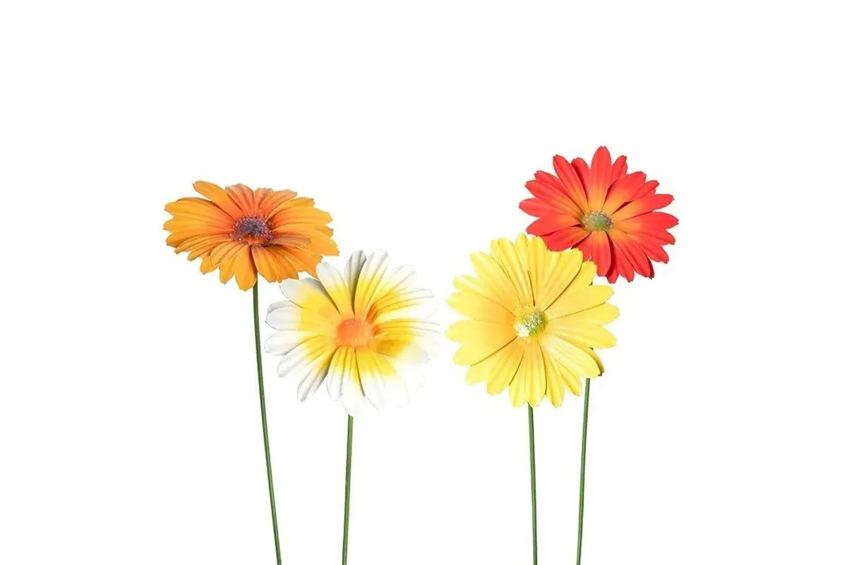 4x Gerbera Flower Garden Stake Set - Hand-Painted Metal Sculptures - (4 Flower)