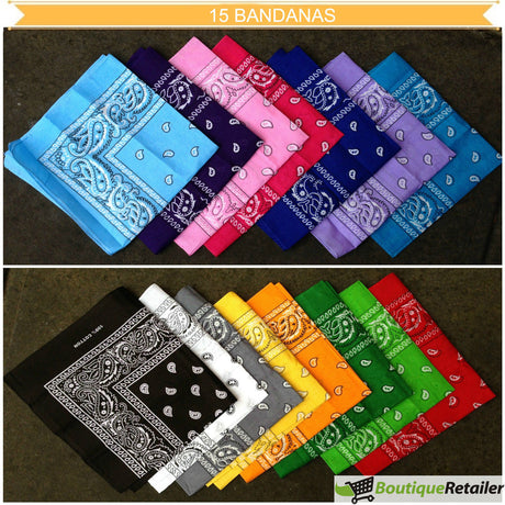 15x BULK BANDANA Paisley 100% COTTON Head Wrap Bandanna Summer Scarf - Mixed Colour Pack