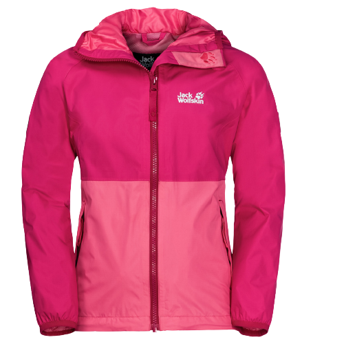 Jack Wolfskin Rainy Day Girls Jacket Pockets High-vis Waterproof Hooded Zip Kids - Tropic Pink