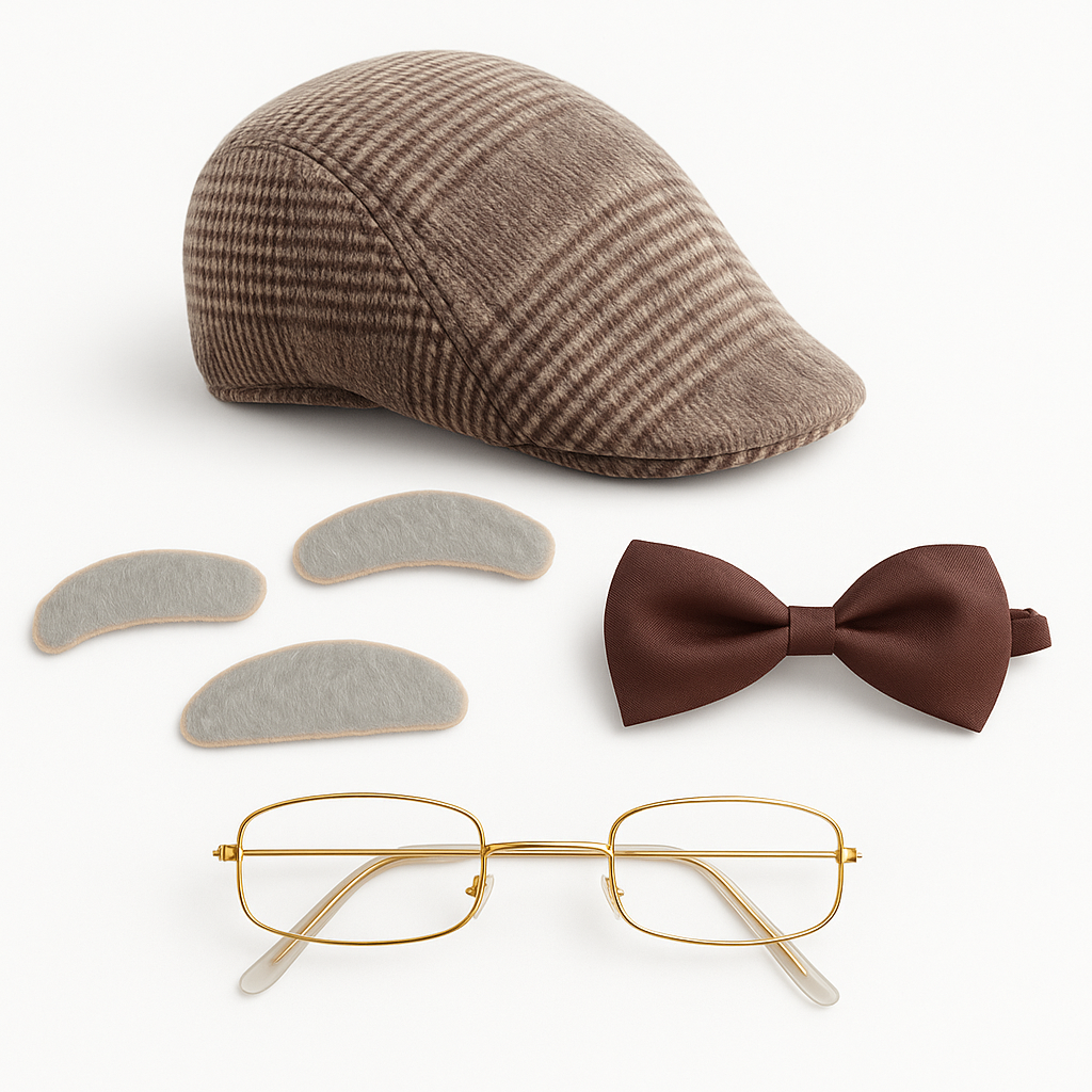 Grampy Costume Party Kit Grandpa Cap Glasses Bowtie Brows Moustache Halloween