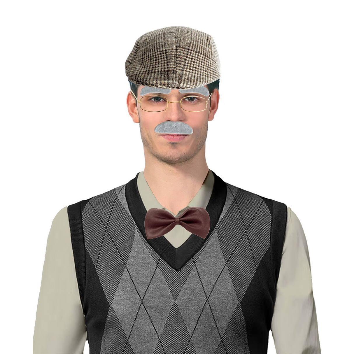 Grampy Costume Party Kit Grandpa Cap Glasses Bowtie Brows Moustache Halloween