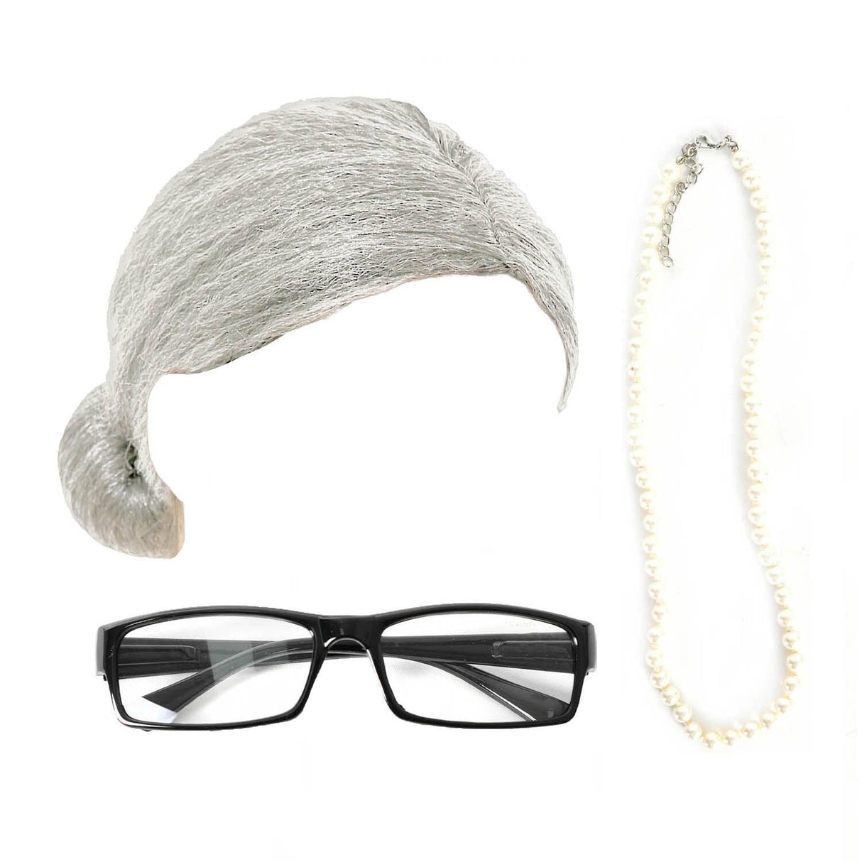 Grandma Instant Disguise Accessory Kit Halloween Light Grey Wig Necklace Glasses