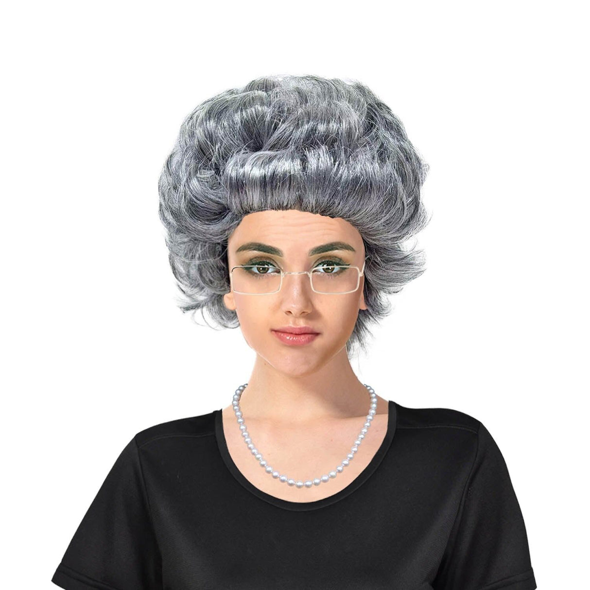 Grandma Instant Disguise Grey Curly Wig Necklace Glasses Halloween Accessory Kit