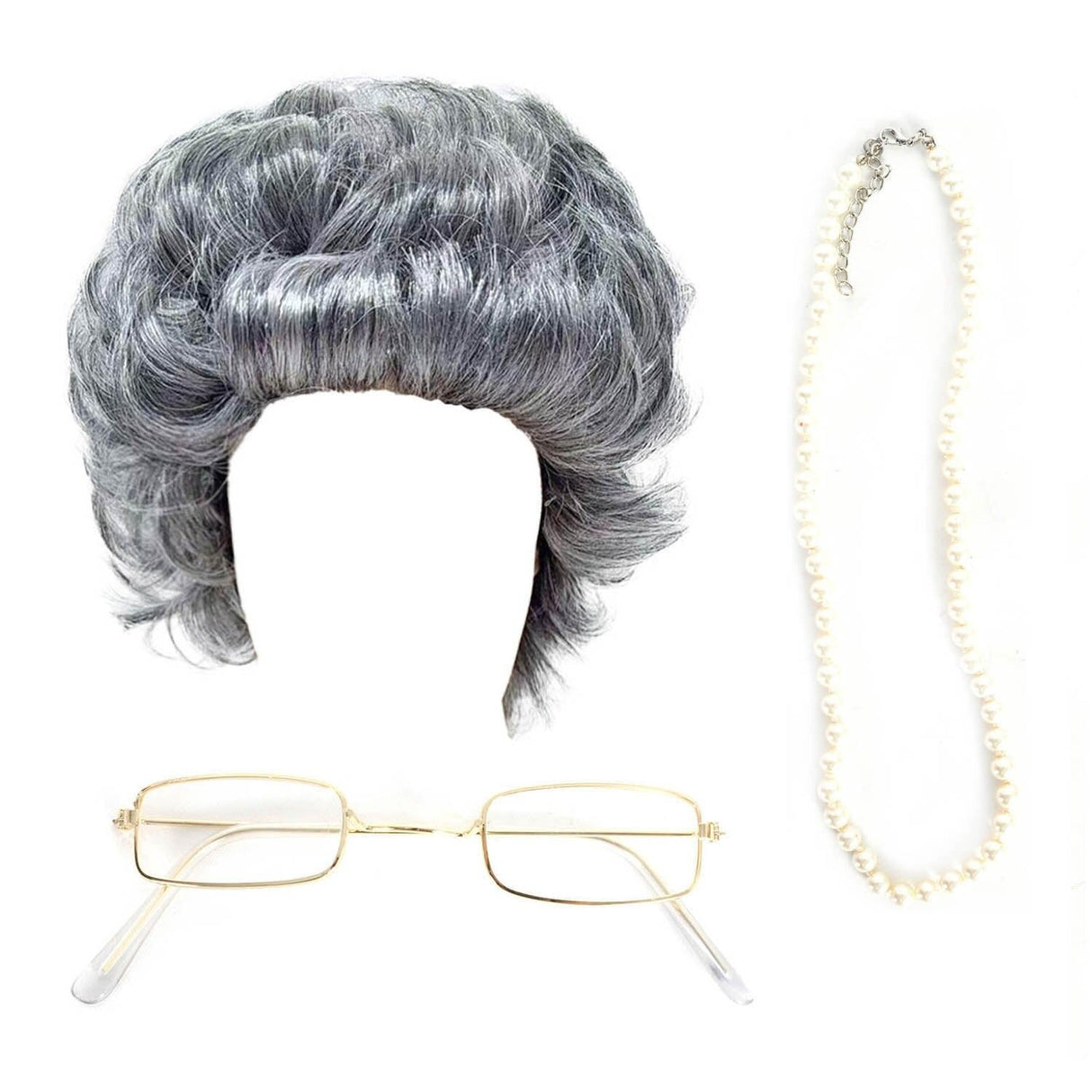 Grandma Instant Disguise Grey Curly Wig Necklace Glasses Halloween Accessory Kit