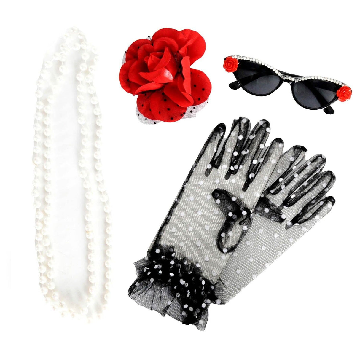 1950s Womens Costume Accessories 50s Necklace Rose Hair Clip Lace Gloves Glasses