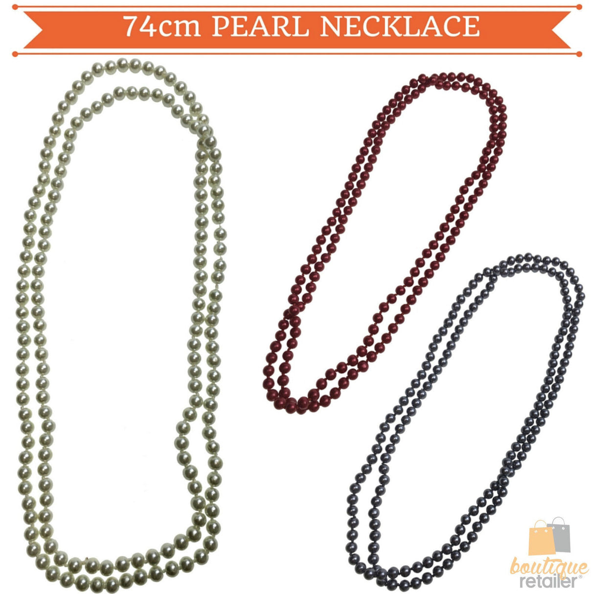 74cm LONG PEARL NECKLACE 1920s Gatsby Flapper Burlesque Gangster Costume Party - Off White