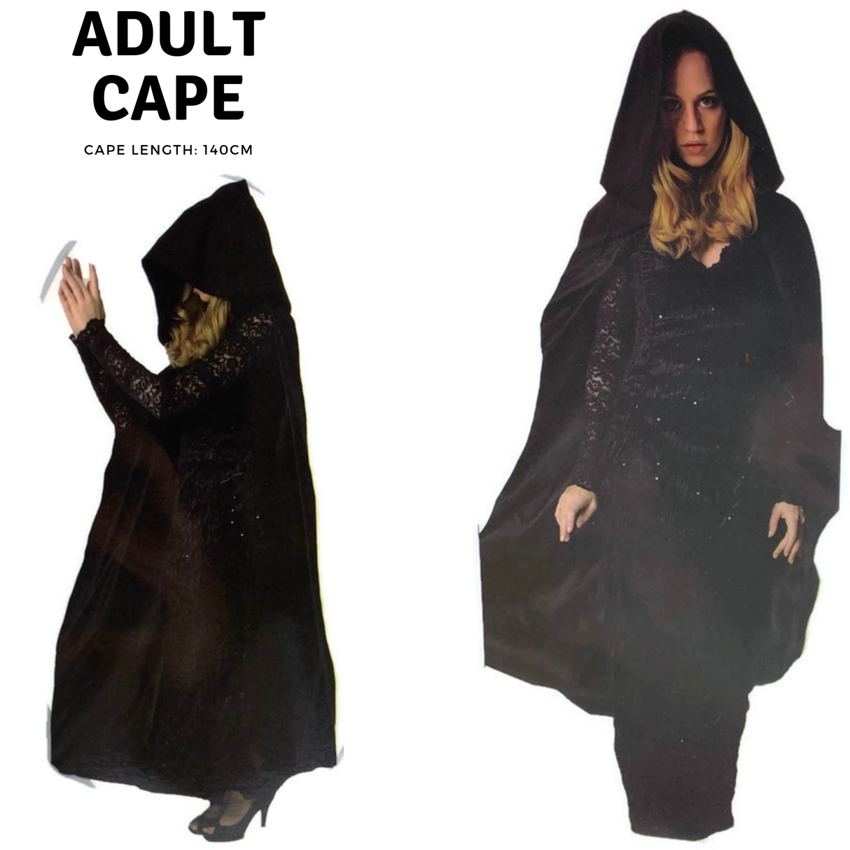 Adult Cape Cloak Hooded Robe Halloween Vampire Witch Wizard 140cm - Black