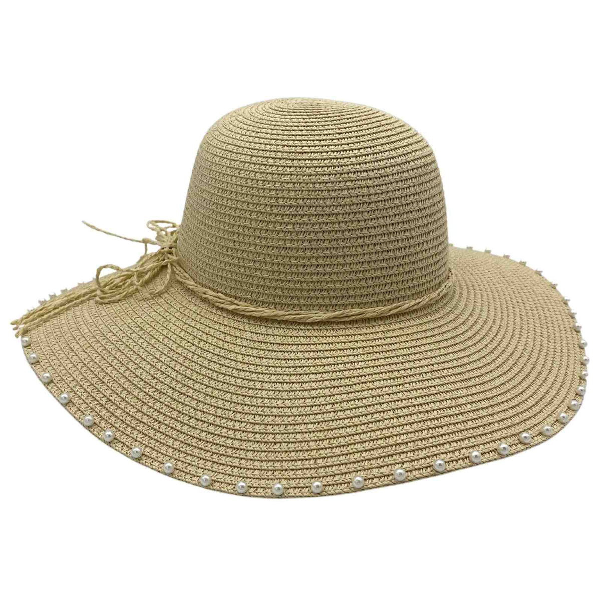 Jacaru 1763 Round Pearls Paper Straw Hat - Pearl & Ribbon Detail (One Size Vegan Friendly)