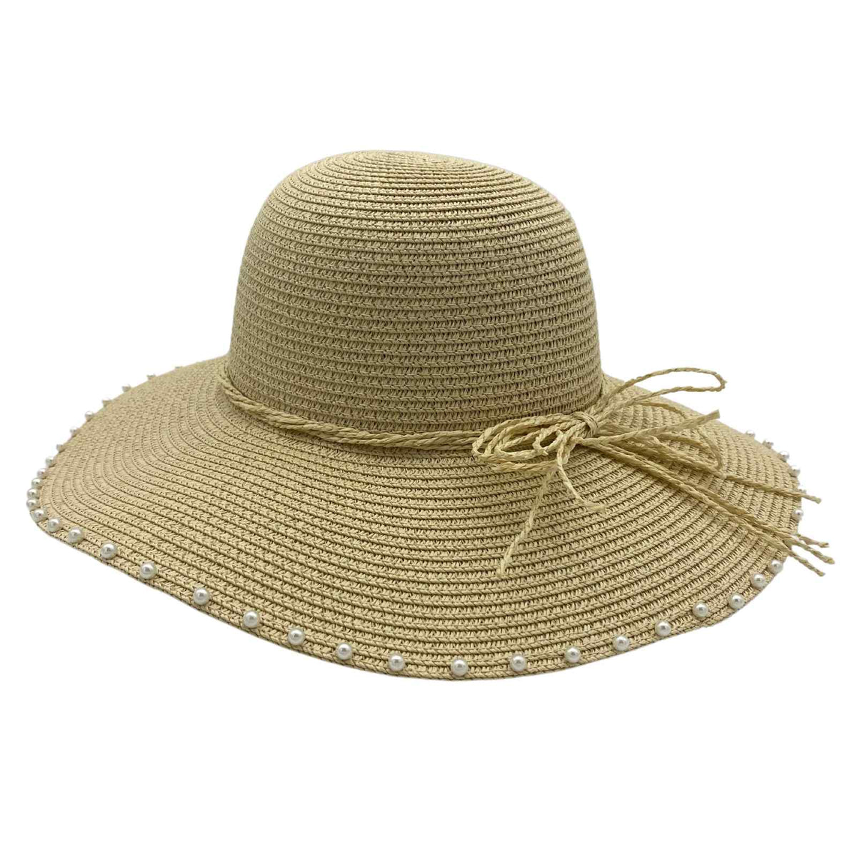 Jacaru 1763 Round Pearls Paper Straw Hat - Pearl & Ribbon Detail (One Size Vegan Friendly)