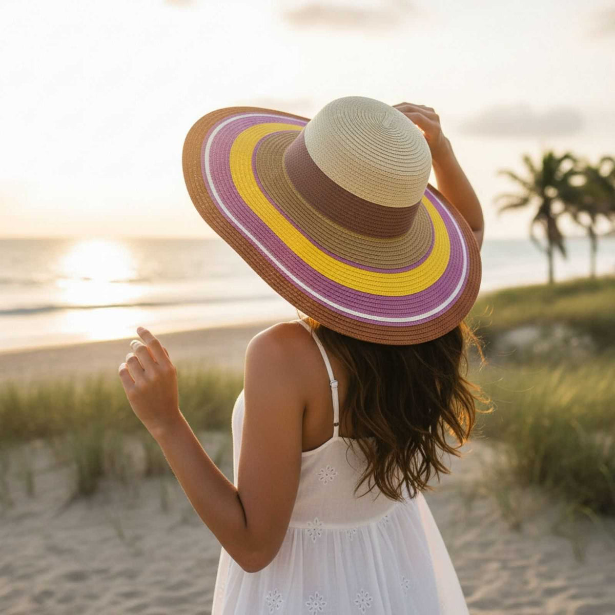 Jacaru 1764 Colour Stripes Paper Straw Hat - 12cm Wide Brim (One Size Vegan Friendly)