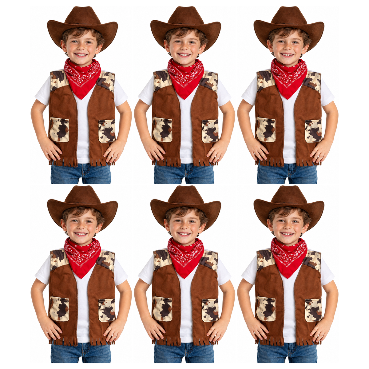 6x Boys Cowboy Vest and Bandana Party Costume Set Bulk Pack - Brown (4-6 Years Old)