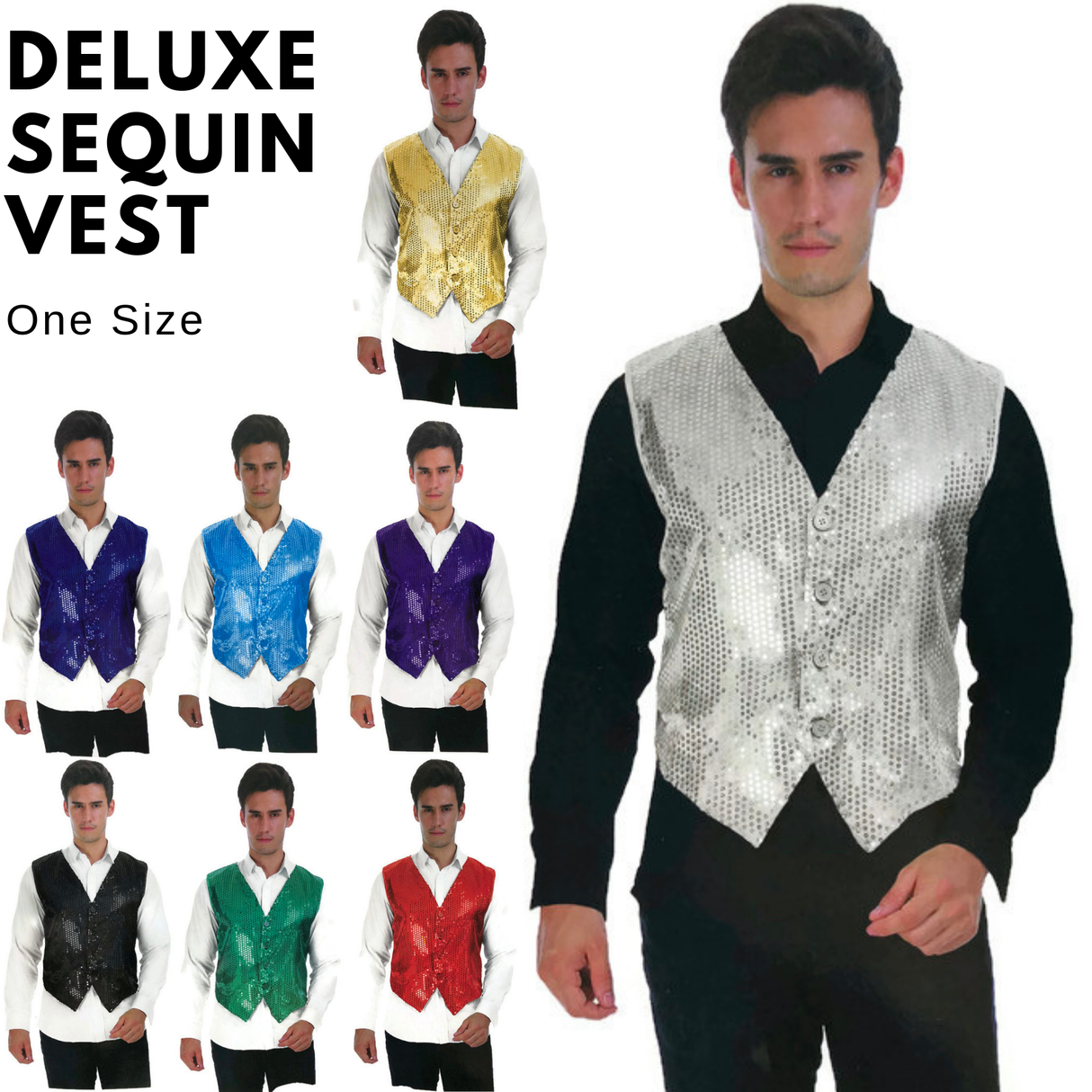 Mens Premium SEQUIN VEST Waistcoat Dance Costume Disco Sparkle Deluxe - Silver