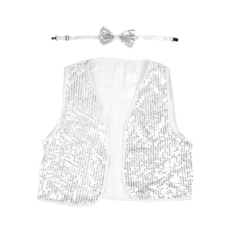 Kids Sequin Vest Bow Tie Set Costume 80s Party Dress Up Waistcoat - Silver