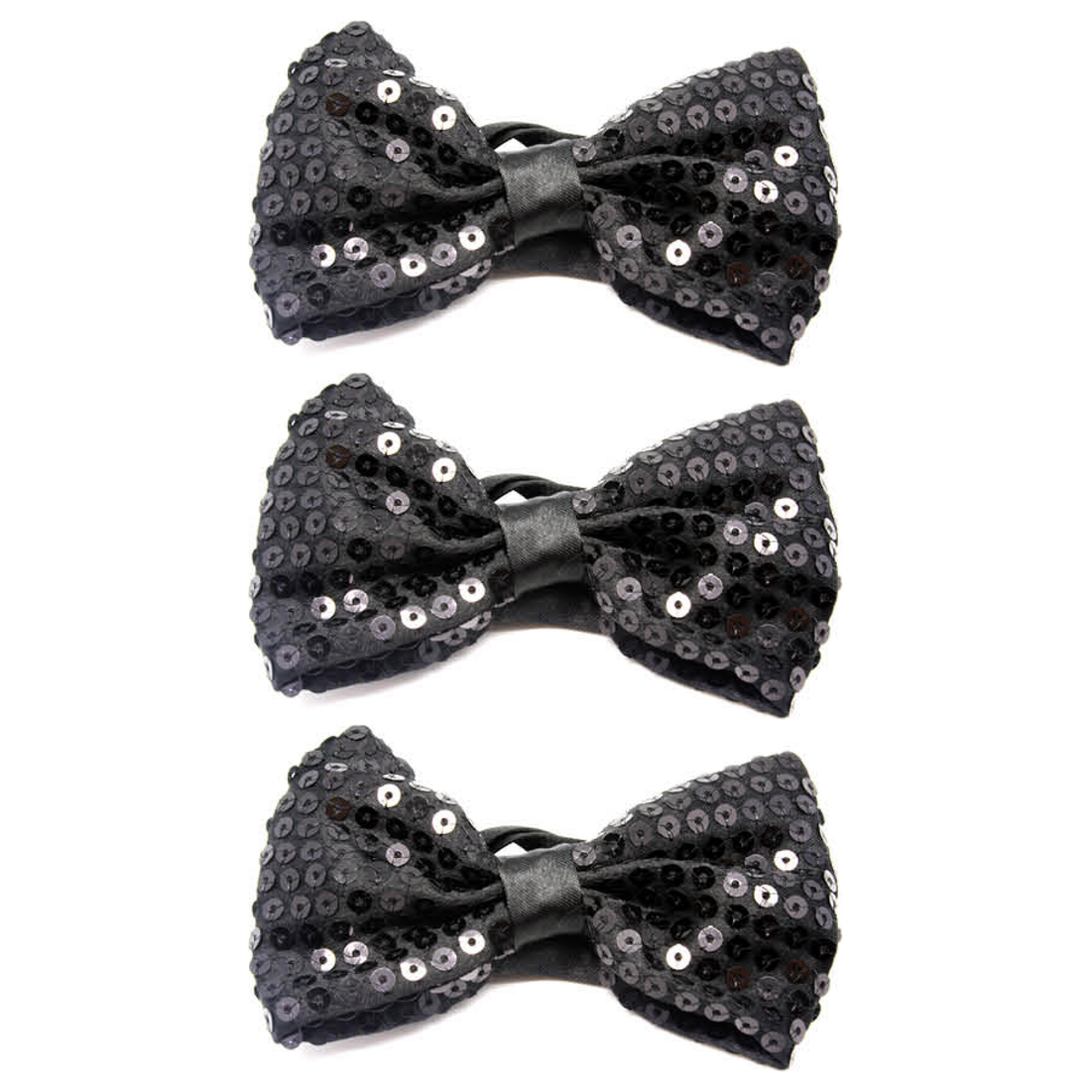 3x Black Glitter Sequin Small Bow Tie Bulk Pack - Shiny Fancy Dress Costume Party