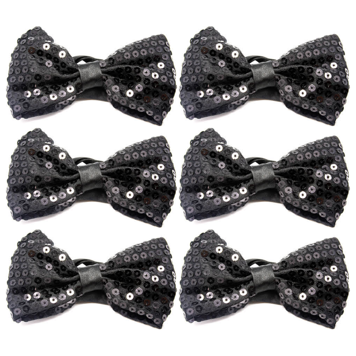 6x Black Glitter Sequin Small Bow Tie Bulk Pack - Shiny Fancy Dress Costume Party