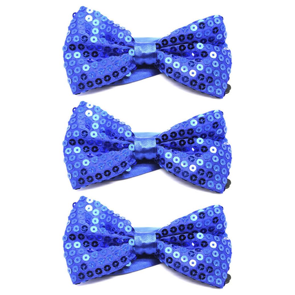 3x Blue Glitter Sequin Small Bow Tie Bulk Pack - Shiny Fancy Dress Costume Party