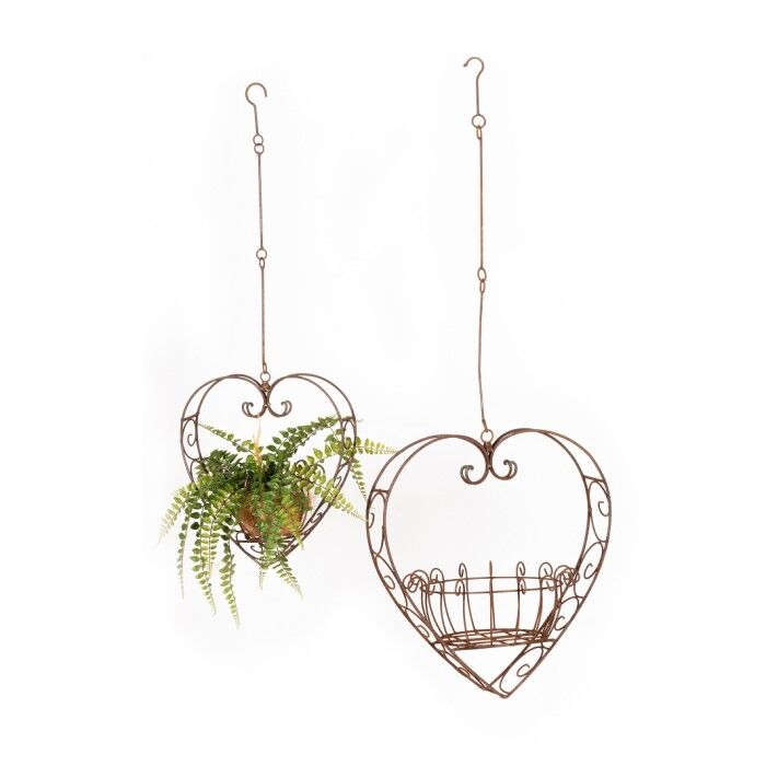 2pc Wire Metal Rust 38/51cm Heart Planter w/ Hook/Chain Outdoor Garden Decor Set