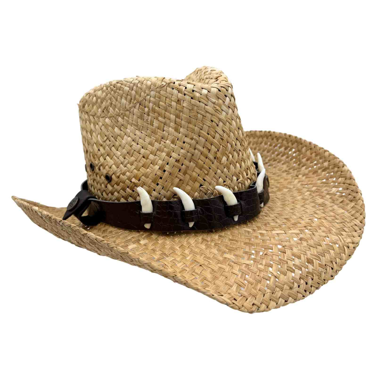 Jacaru 1818G Straw Cowboy Hat with 6 Faux Bones Hatband - Natural (Croc Print Band)