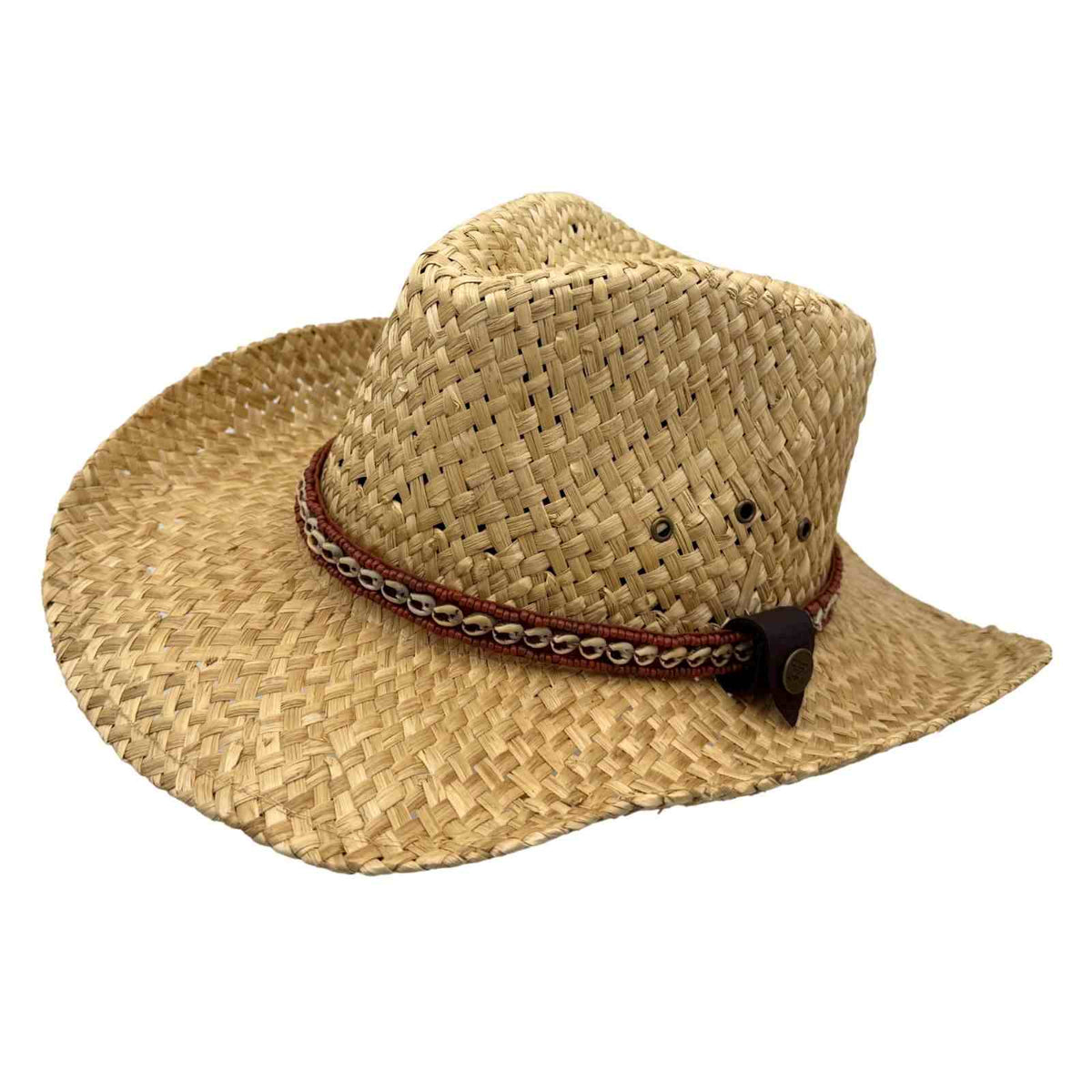 Jacaru 1818H Straw Cowboy Hat with Small Shells Hatband - Natural (Vegan Friendly)