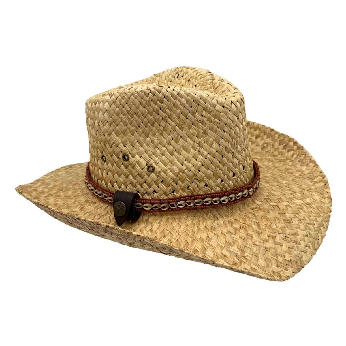 Jacaru 1818H Straw Cowboy Hat with Small Shells Hatband - Natural (Vegan Friendly)