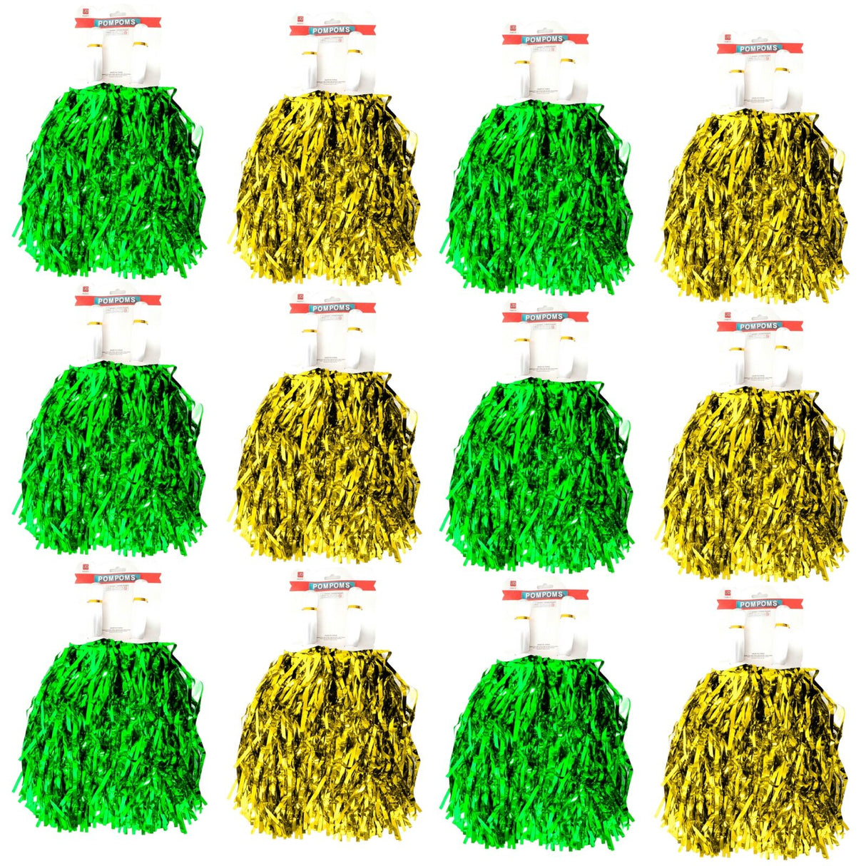 12-Pack Green & Yellow Metallic Cheerleading Pom Poms - 6 Green + 6 Yellow Pairs (Australia Day/Sports)