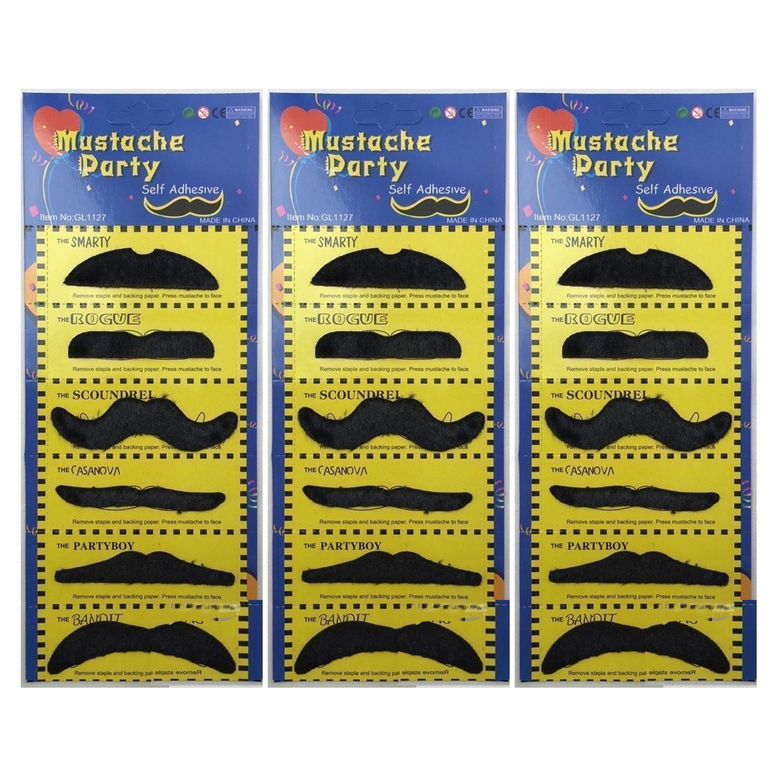 3x Brown 70s Fake Adhesive Moustache Pack - Props (Halloween Costume & Fancy Dress)