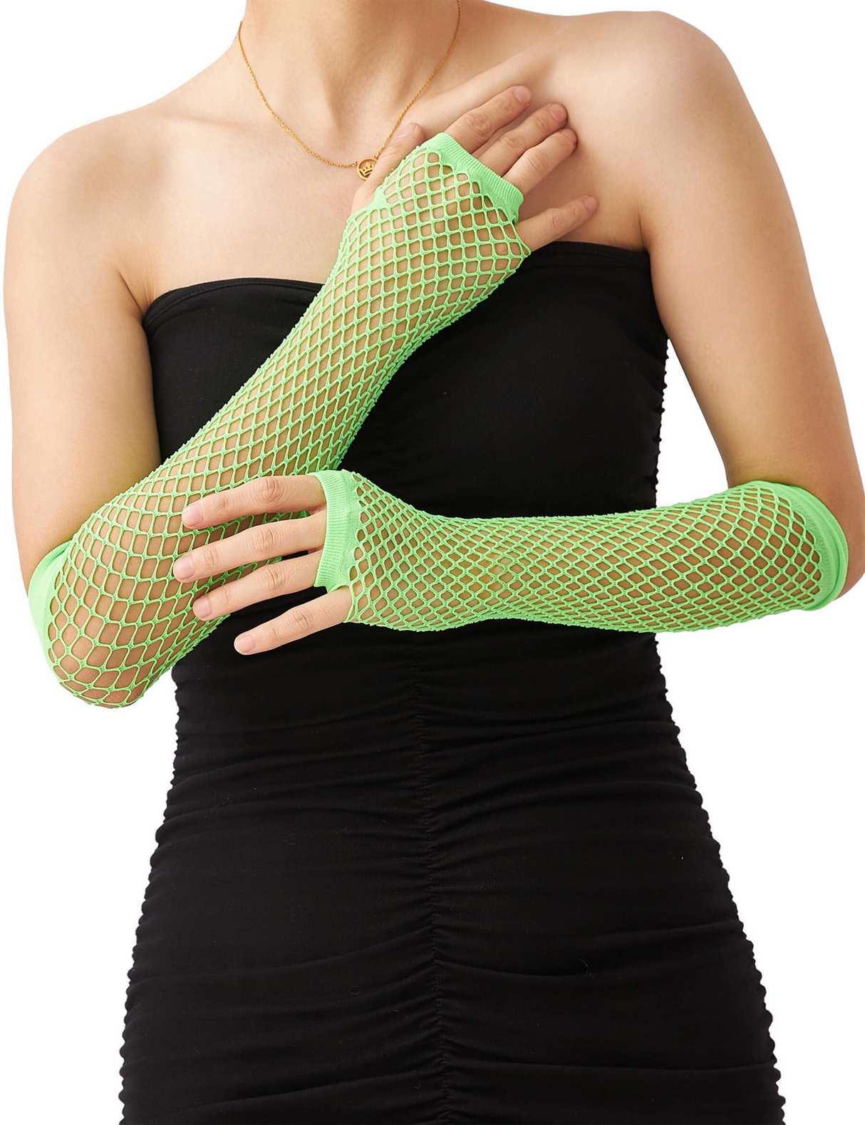 Long Elbow Length Fishnet Gloves Fingerless 70s 80s Womens Costume Party Dance in Fluro Green