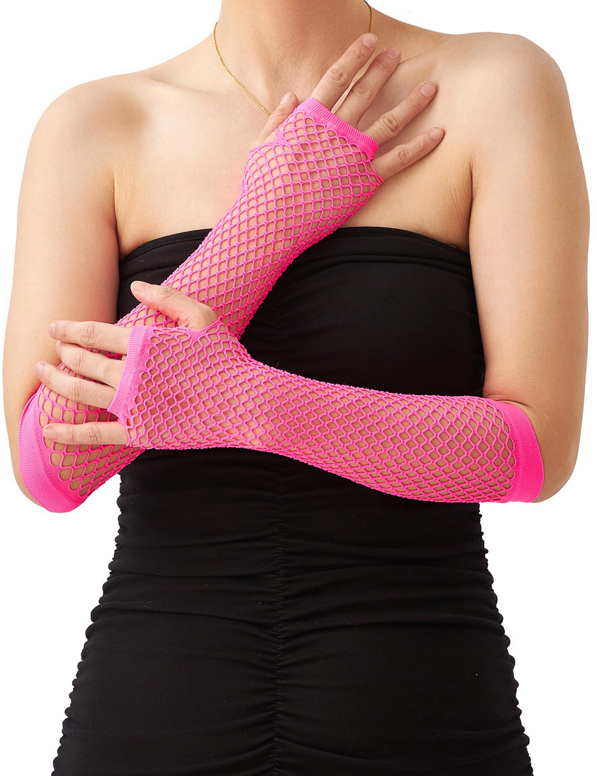 Hot Pink Long Fishnet Gloves - Fingerless Elbow Length (70s & 80s Costume/Party)