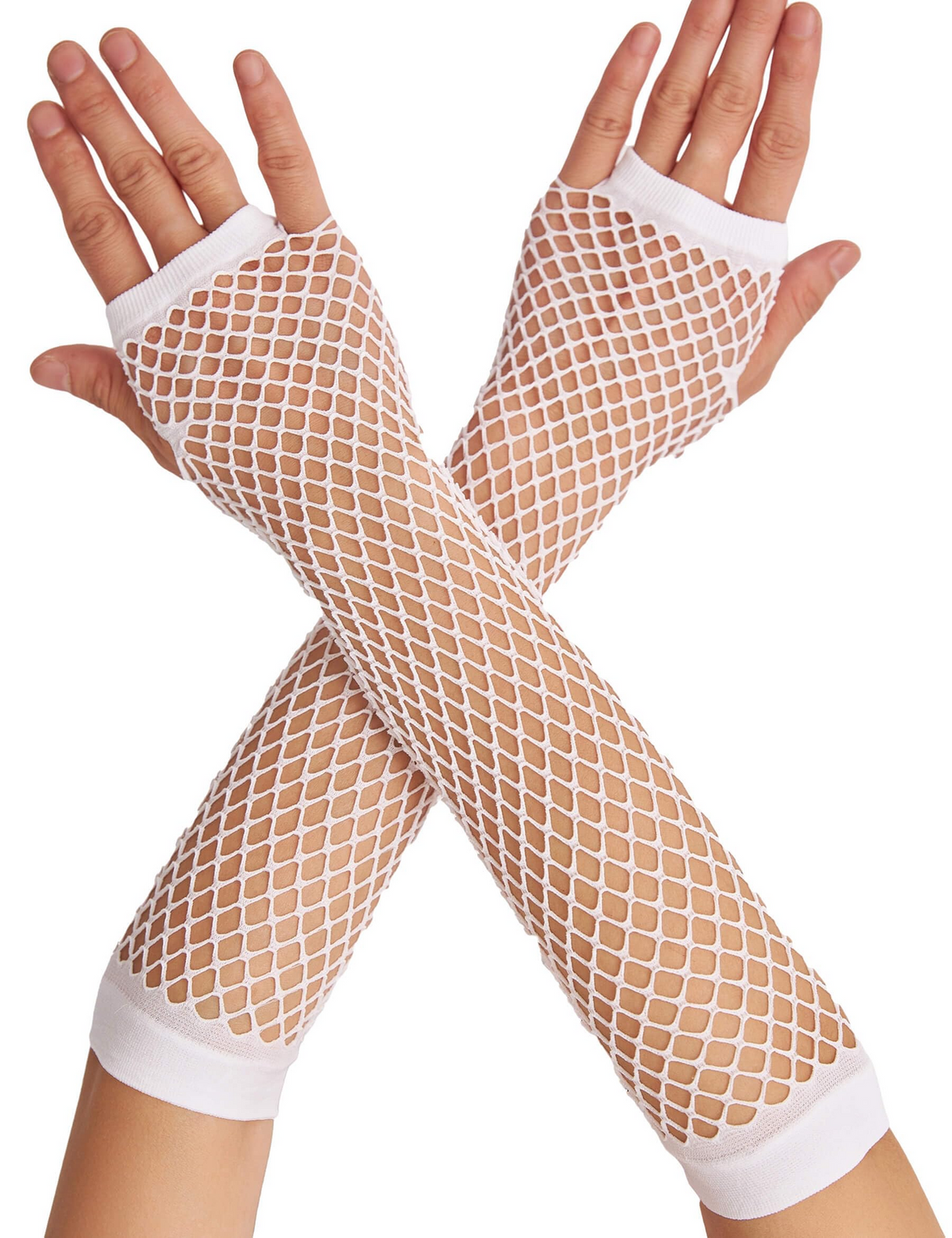White Long Fishnet Gloves - Fingerless Elbow Length (70s & 80s Costume/Party)