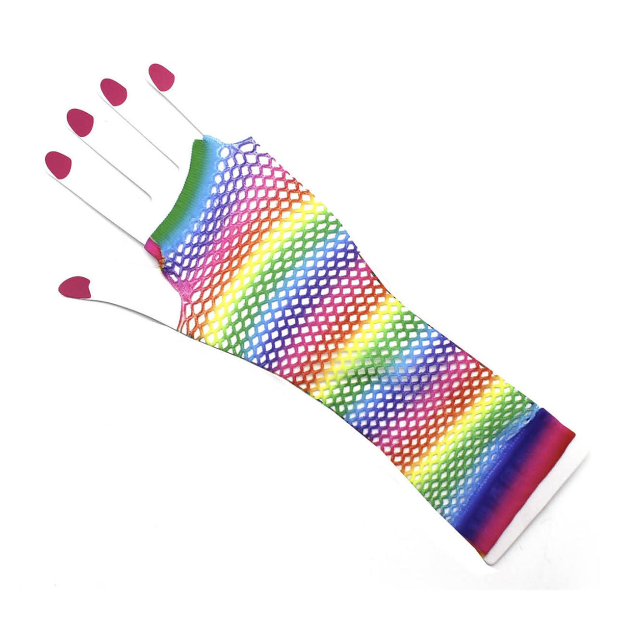Horizontal Rainbow Stripe Fishnet Gloves -Fingerless Wrist Length (80s Costume/Mardi Gras)