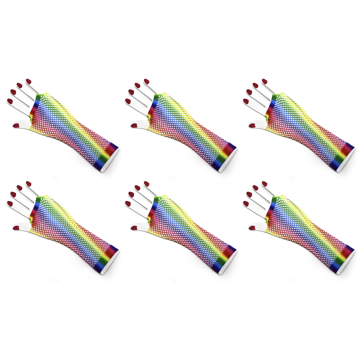 6x Vertical Rainbow Stripe Fishnet Gloves Bulk Pack - Fingerless Wrist Length (80s Costume/Mardi Gras)