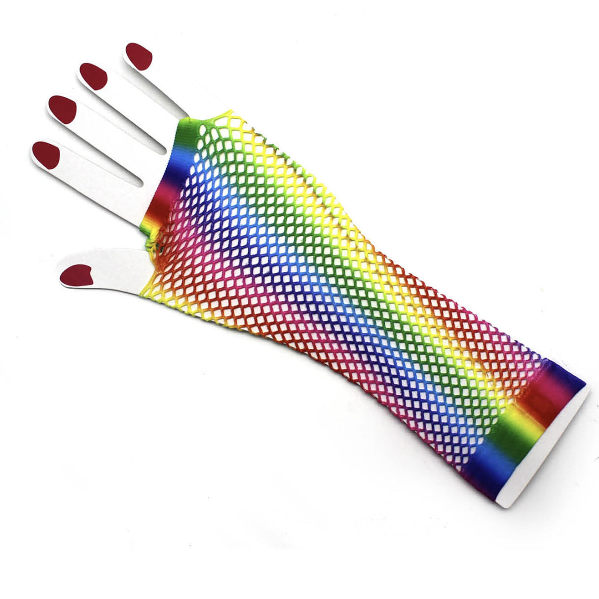 Vertical Rainbow Stripe Fishnet Gloves - Fingerless Wrist Length (80s Costume/Mardi Gras)