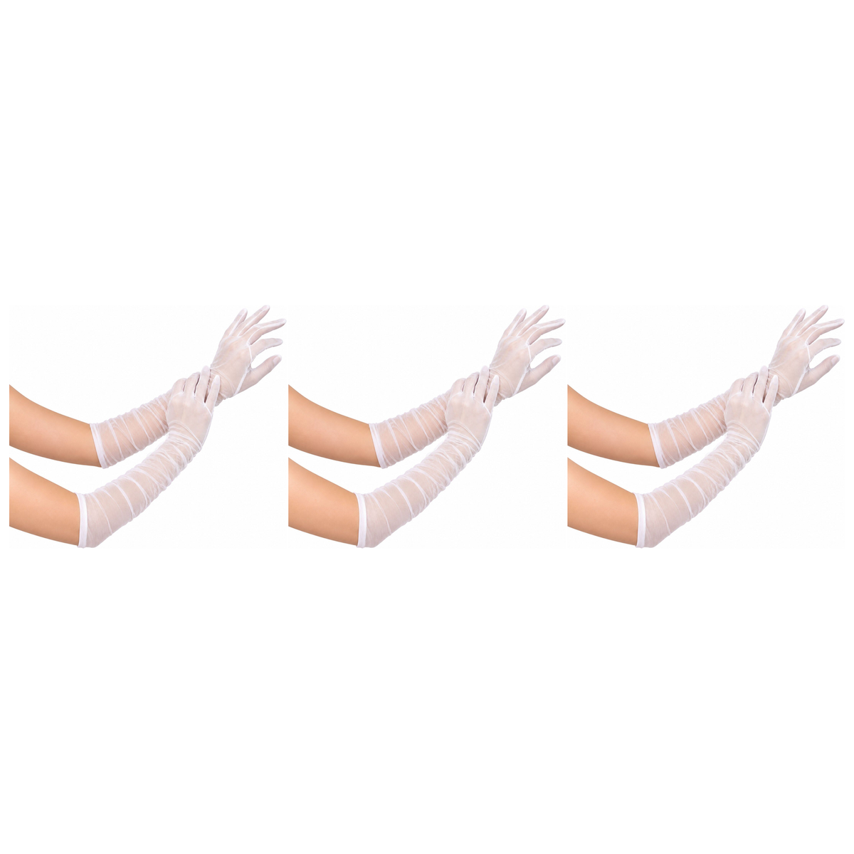 3x Classic Sheer Ruched Tulle Mesh Elbow Length Gloves Pack - White (40cm Long)