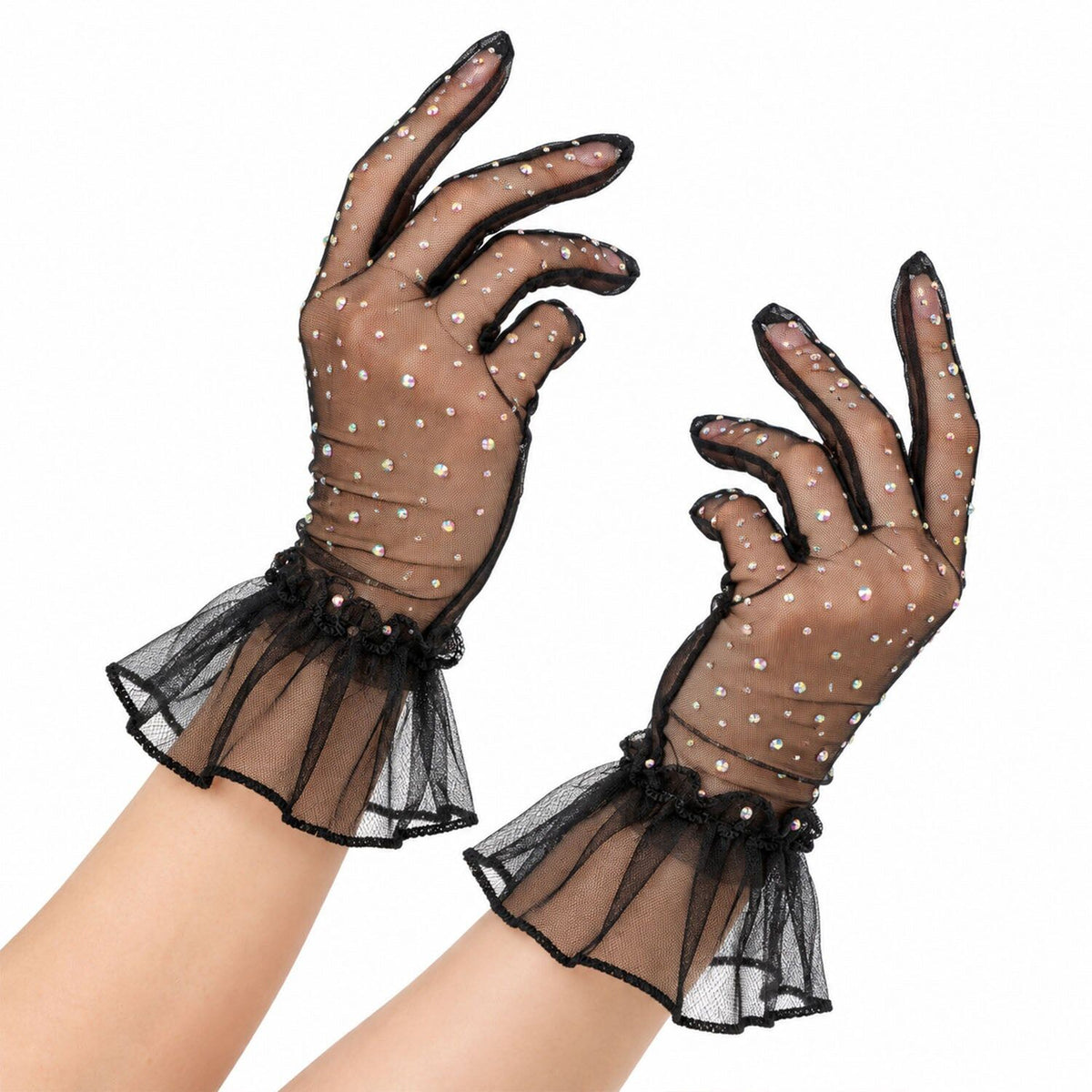 Womens Mesh Diamante Ruffle Cuff Gloves - Black (Fancy Dress & Costume Party)