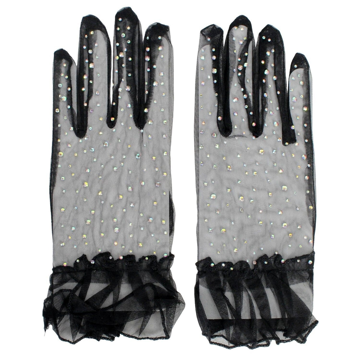 Womens Mesh Diamante Ruffle Cuff Gloves - Black (Fancy Dress & Costume Party)