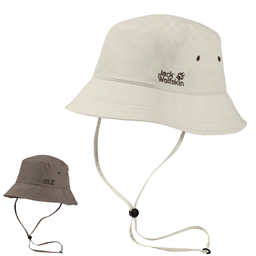 Jack Wolfskin Bucket Hat w Chin Strap Supplex Sun Hat Fishing Hiking UV Protection - Siltstone