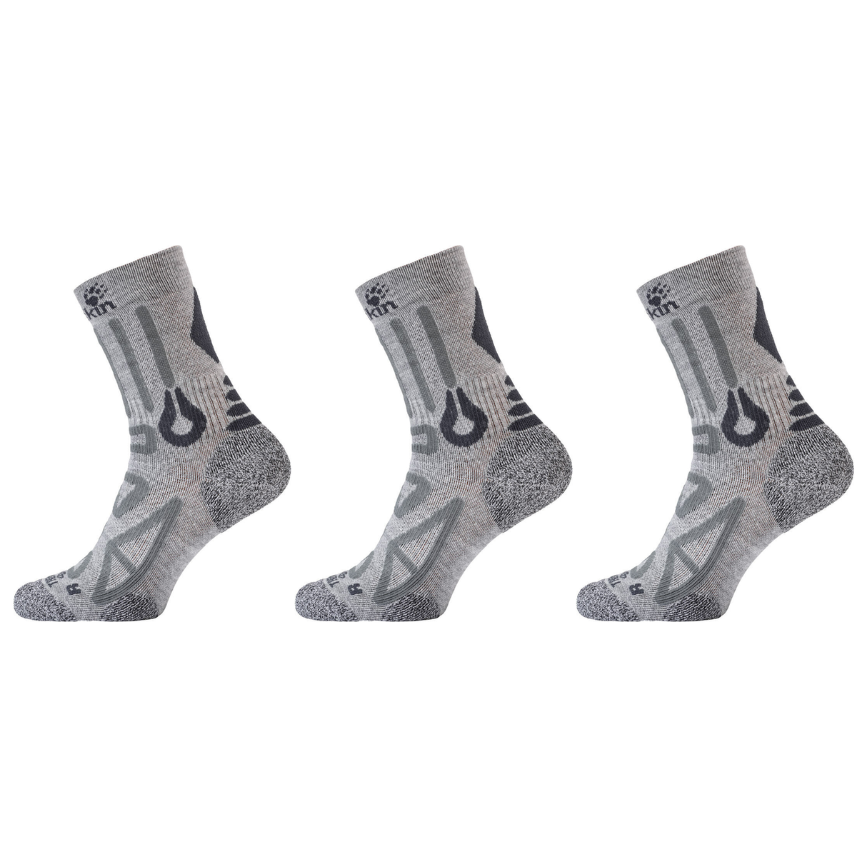 3x Jack Wolfskin Mens Trekking Pro Classic Cut Socks Pack - Light Grey (Padded for Outdoor/Trail)